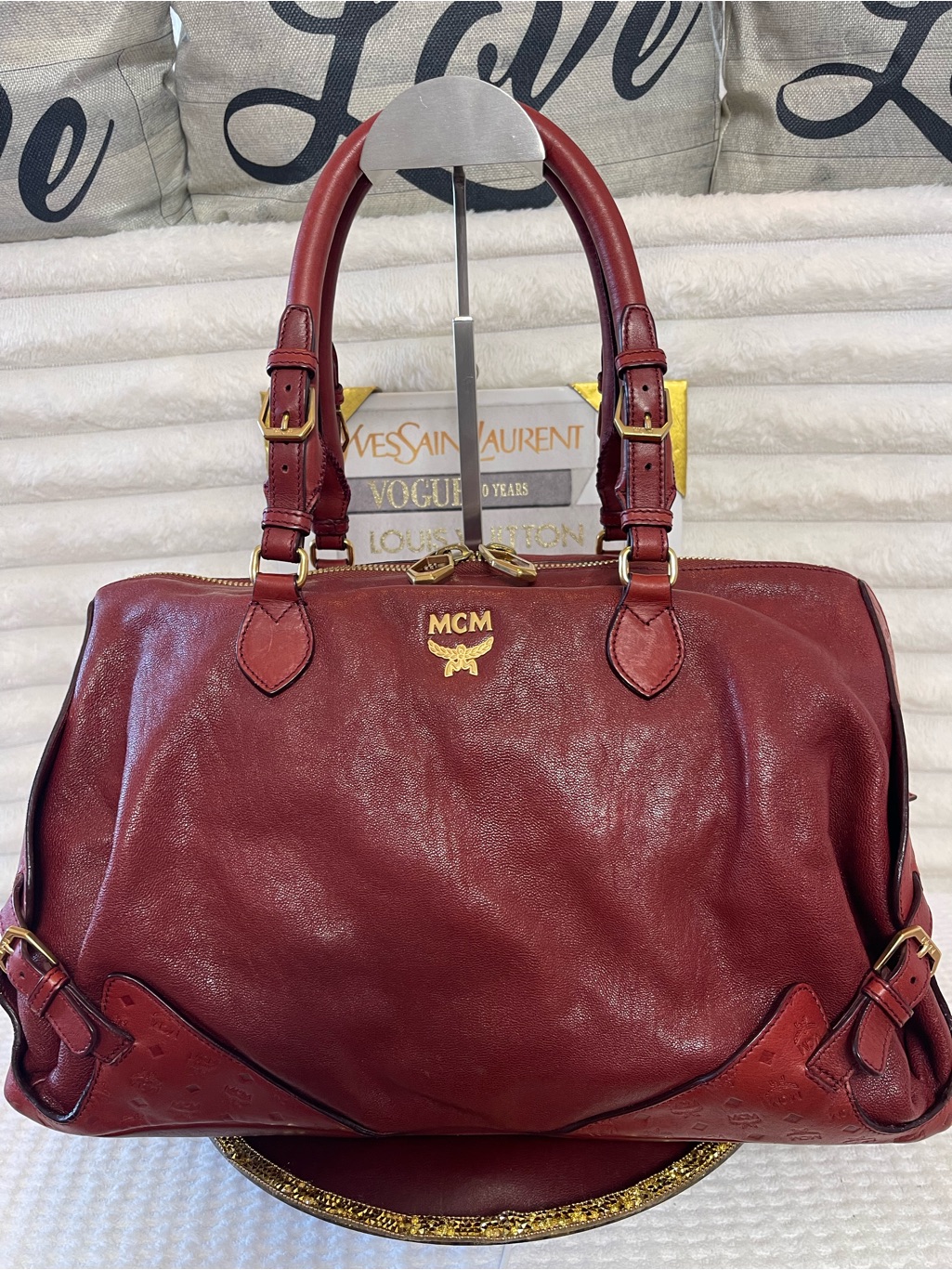 Large Mcm Burgundy Leather Satchel With Gold Hardware
